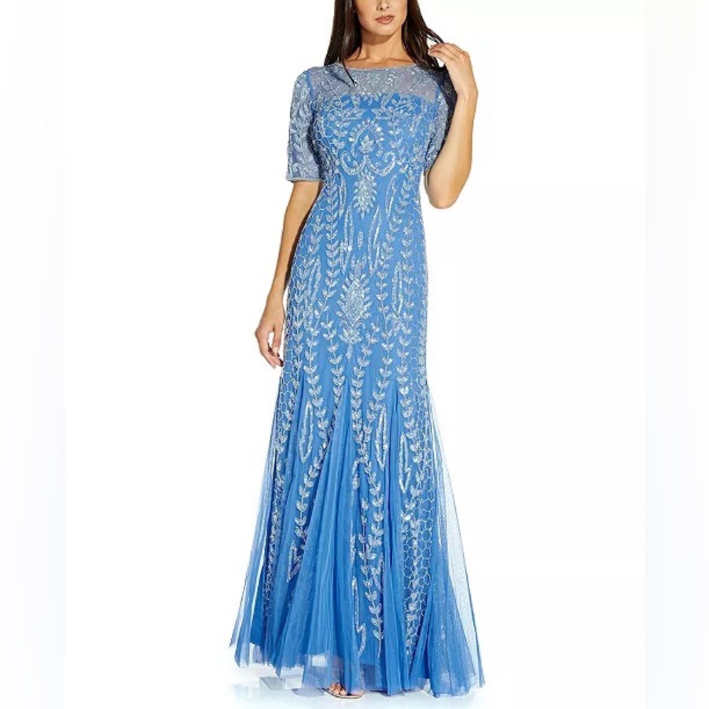 Adrianna Papell Embellished Beaded Short Sleeve Gown Dress Blue Size 10